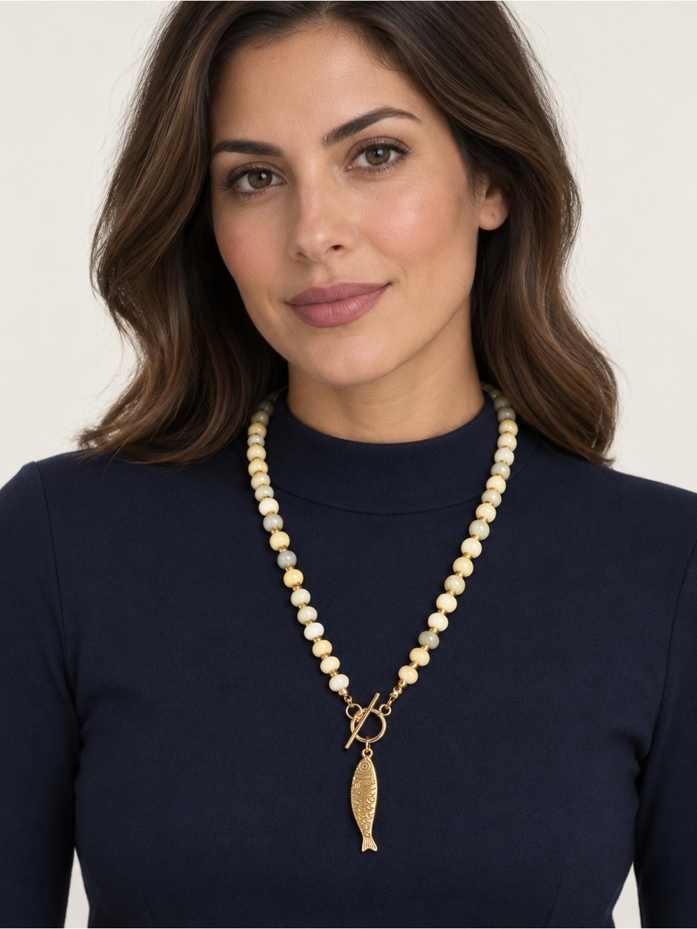 Gold Fish Pendant Beaded Necklace in Yellow and Cream